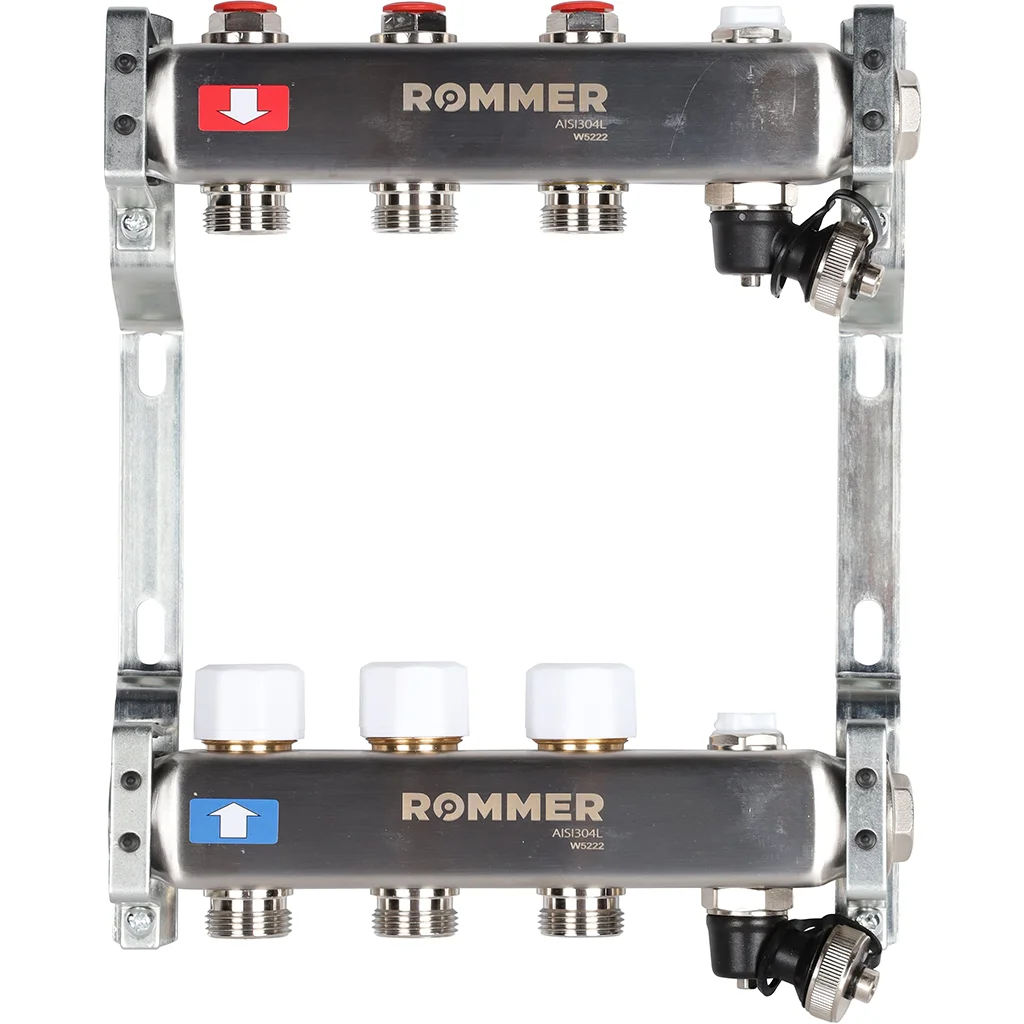 ROMMER RMS-3201-000003 ROMMER Коллектор из нержавеющей стали без расходомеров, с клапаном вып. воздуха и сливом 3 вых. ROMMER RMS-3201-000003 ROMMER Коллектор из нержавеющей стали без расходомеров, с клапаном вып. воздуха и сливом 3 вых.
