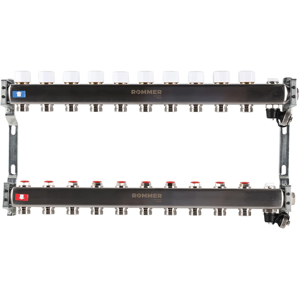 ROMMER RMS-3201-000010 ROMMER Коллектор из нержавеющей стали без расходомеров, с клапаном вып. воздуха и сливом 10 вых. ROMMER RMS-3201-000010 ROMMER Коллектор из нержавеющей стали без расходомеров, с клапаном вып. воздуха и сливом 10 вых.